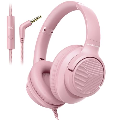 Botesty Sound Wired Headphones with Microphone Over Ear 3.5mm Plug in Headphones with 4.9ft Tangle-Free Nylon Cord for Tablet Laptop MP3/4 School Airplane Travel (Pink)