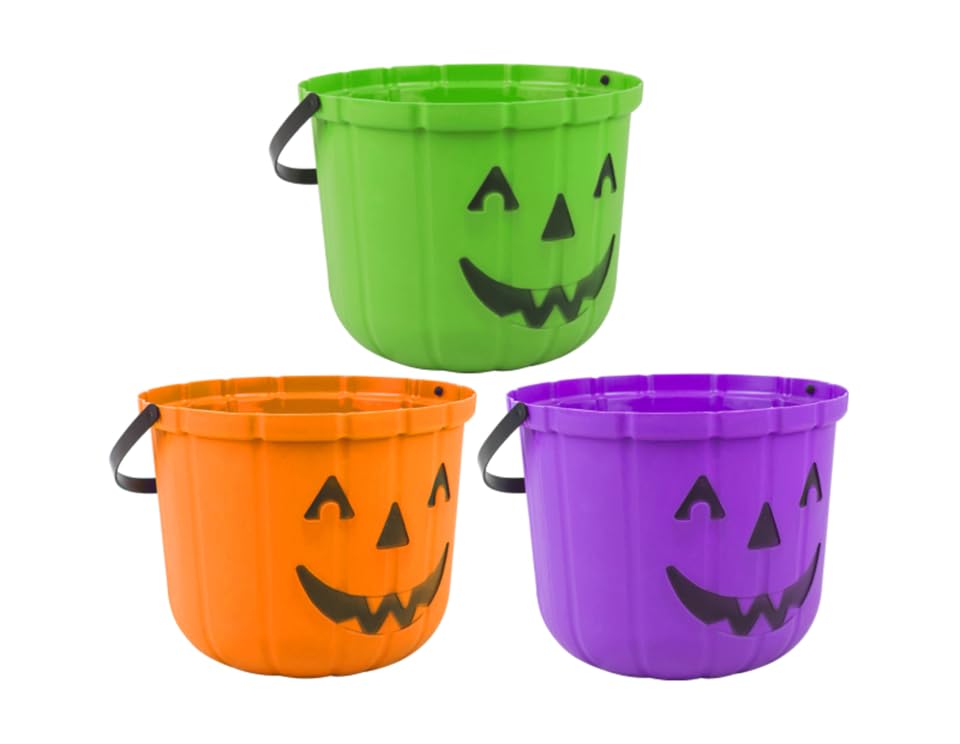 Halloween Trick or Treat Pumpkin Bucket Jack O Lantern Candy Sweet Basket Kids Party Celebration Decoration With Handle (3 PACK)