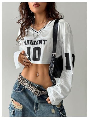 GORGLITTER Women's Letter Graphic Mesh Jersey Shirts Y2k Long Sleeve Striped V Neck Cropped Top2