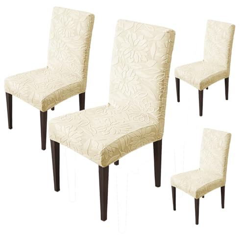Image of House of Quirk Stretchy Universal Camellia Jacquard Waterproof Chair Cover Removable & Washable Short Dining Chair Cover Protector Seat Slipcover (Beige,Pack of 4)