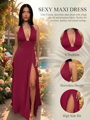 Image of Ekaliy Womens Sexy Halter Deep V Neck Maxi Dress Sleeveless Backless Split Long Dress
