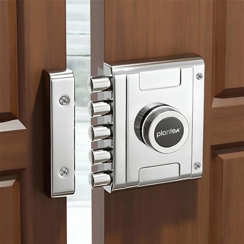 Image of Plantex Main Door Deadbolt Lock Five Bullets /Stainless Steel Penta Bolt /Door Lock Set with 4 Pin Cylindrical Keys with 5 Years of Warranty (Matt)