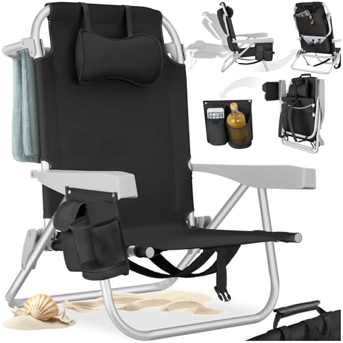 tectake® Sedia da Spiaggia, Spiaggina Pieghevole Funzione Zaino, Sedie da Giardino, Telaio in Alluminio, Sdraio Da Spiaggia, Schienale Regolabile, Sdraio pieghevole, Borsa Termica, Sedia Mare - Nero
