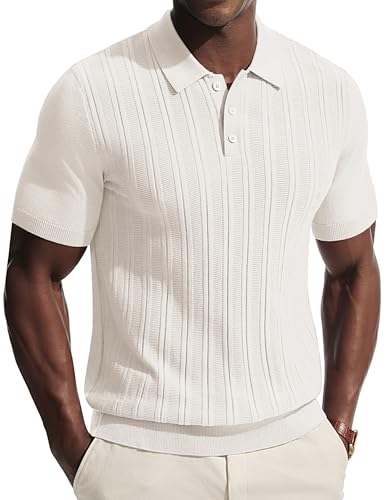 PJ PAUL JONES Polo Shirts for Men UK Short Sleeve with Buttons Knitted Polo Casual Tshirt Ivory White L
