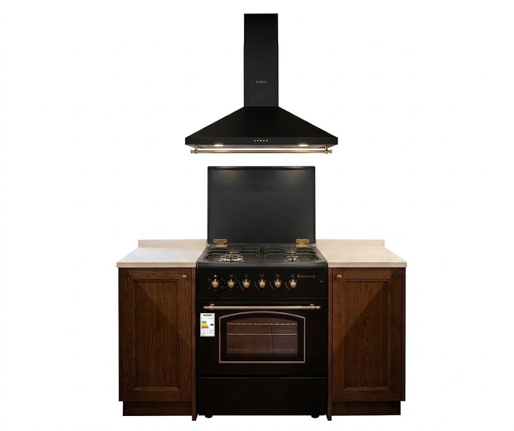 CONJUNTO PACK COCINA A GAS SOLTHERMIC HORNO ELÉCTRICO F6S40E5RB + CAMPANA 60 CM A JUEGO NEGRA RÚSTICA RIBETES DORADOS 350m3/h