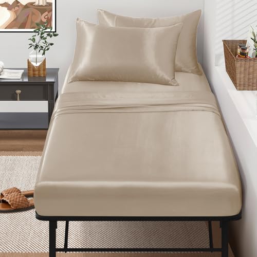 Image of SiinvdaBZX 4-Piece Cot Sheet Set 31 inch x 75 inch, Beige Satin Cot Size Sheets Silky Soft Rv Bunk Bed Sheets for Narrow Twin /Camp Bunk /Guest Beds /Army Cots /Trifold Mattress