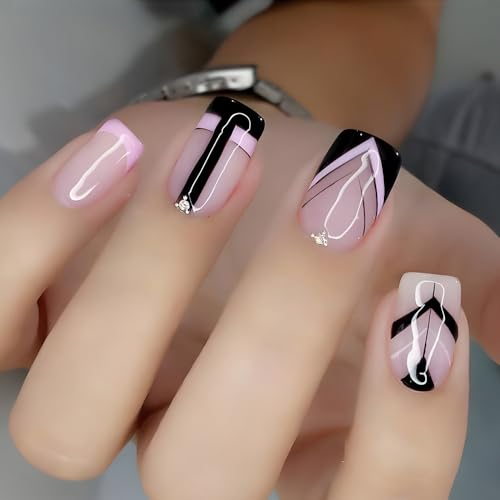 CEWEWP Black Geometric French Tip Press on Nails with Glue,Glossy