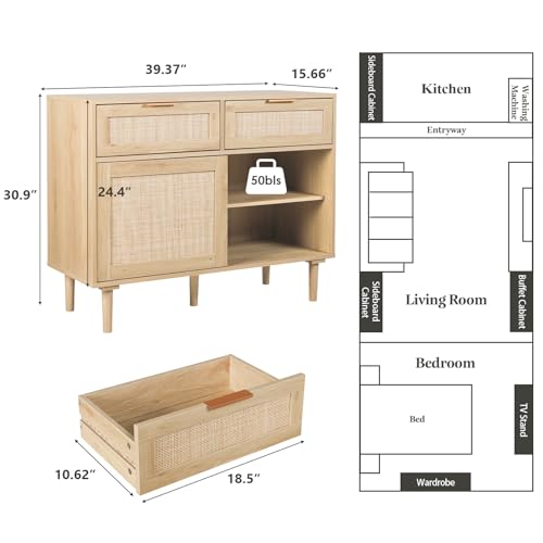 Hopubuy Rattan Buffet Cabinet With Storage, 39Inch Storage Cabinet With Rattan Decor Mobile Doors, Farmhouse Accent Cabinet Sideboard Cabinet For Hallway thumb #1