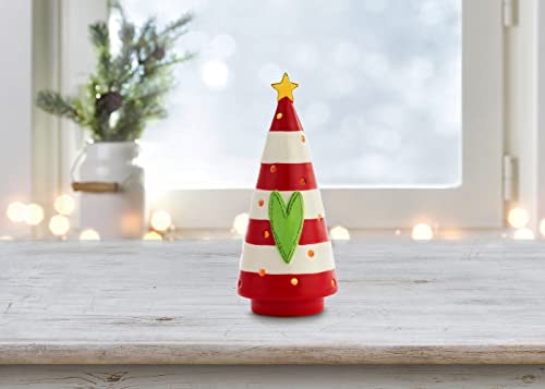 Demdaco Stripped Christmas Tree Red And White 9 Inch Stoneware Tea Light Candle Holder #TOP5