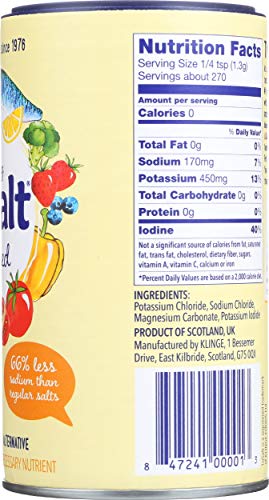 Image of LOSALT - Reduced Sodium Salt | Iodized | Great Tasting Salt Alternative /Substitute with 66% less sodium | 12.3oz /350g tub (Pack of 6)