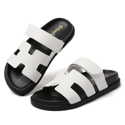 Women‘s Flats Sandals Casual Comfort Adjustable Strap Slip On Leather Walking Shoes