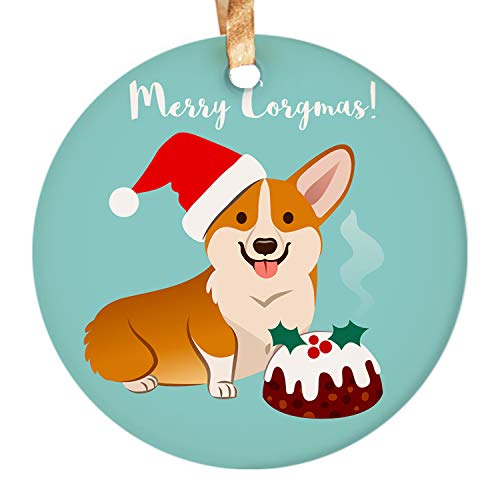 Dadidyc Merry Corgmas Corgi Dog in Christmas Santa hat with Fruitcake Funny Christmas Ornaments 3" Round Ceramic Ornament with Gift Box Xmas Present