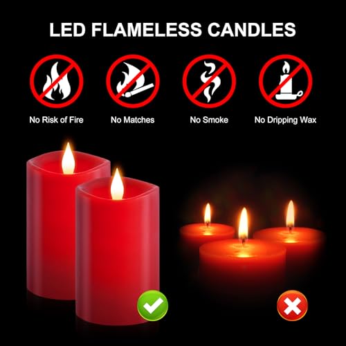 Image of 2PCS, 3 x 5 inches Flameless Candle with Remote Control, 3D Flickering Wick, Real Wax Pillar LED Candles, Battery Operated Candles,with Timer,for Holiday Home Decor, Red