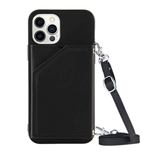 YMCASE Funda Compatible con iPhone 12 Pro MAX Cuero con Cuerda Carcasa Case con Correa para Colgar - Cuerda Bolsillo Trasero para Tarjetas para iPhone 12 Pro MAX,Negro Cover