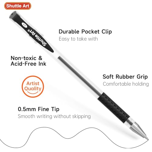 Image of Shuttle Art Black Gel Pens, 50 Pack Fine Point Black Ink Pens Bulk, 0.5mm Rollerball Gel Ink Pens Smooth Writing with Comfortable Grip for Office, School and Home
