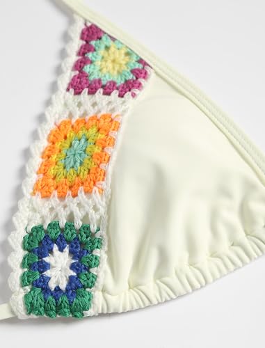 ZAFUL Women's Halter Triangle Bikini Set Crochet Boho Floral Swimsuit Cut Out Tie Side Two Piece Bathing Suit3