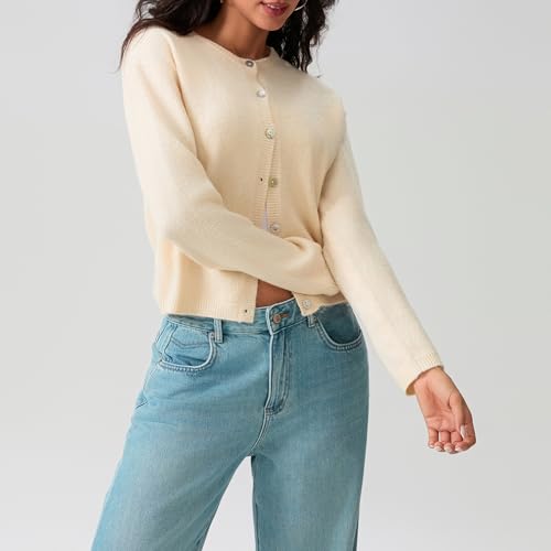 Image of Yuemengxuan Women Cardigan Sweater Button-Down Solid Color V-Neck Long Sleeve Soft Knit Coat Jumper Going Out Wear