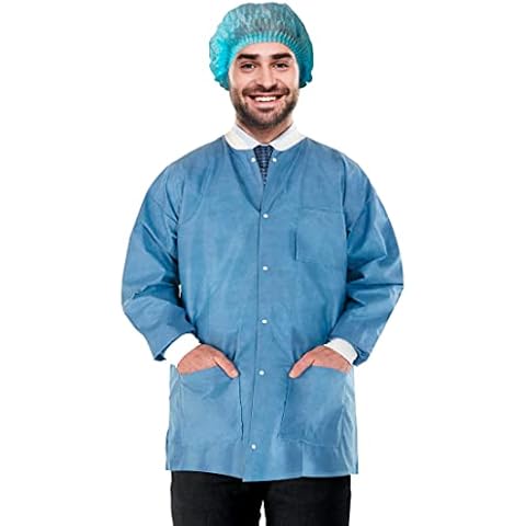 AMAZING Disposable Lab Jackets, 29" Long. Pack of 10 Ceil Blue Hip-Length Work Gowns Small. SMS 50 gsm Shirts with Snaps Front, Knit Cuffs & Collar, 3 Pockets. Unisex PPE Body Protective Short Coats Cover