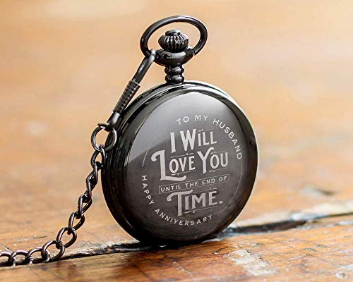 Engraved Wedding Anniversary Pocket Watch with Chain for Husband, a Classy Gift Set for Him with Elegant Gift Box, 1 Year Anniversary Gift Clock