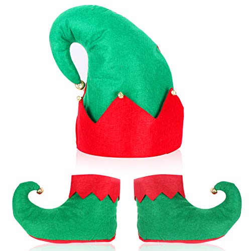 Christmas Santa Elf Costume, Novelty Elf Shoes Hat Xmas Costume Accessories Green,red