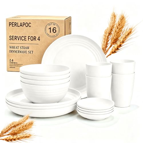 Image of Wheat Straw Plates and Bowls Sets of 16，Unbreakable Dinnerware Sets for 4, Microwave & Dishwasher Safe Kids Dish Set for Kitchen, Outdoor, Camping, Party, RV- White