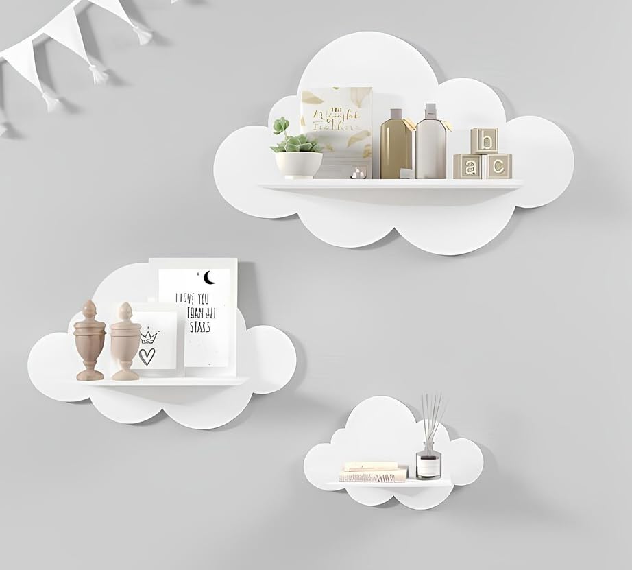 Set of 3 Cloud-Shaped Wall Shelves, Wooden Nursery and Kids Room Décor, White Floating Shelves for Toys, Books, and Decorations, GT007