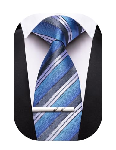 Image of Barry.Wang Silk Men Ties Formal Stripes Necktie and Tie Clip for Wedding Party Business Fashion Classic