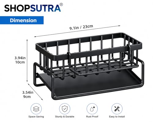 Image of Kitchen Sink Organiser with Drain Tray, Countertop Storage Rack for Dish Soap Sponge Scrubber, Metal Wire Design, Black