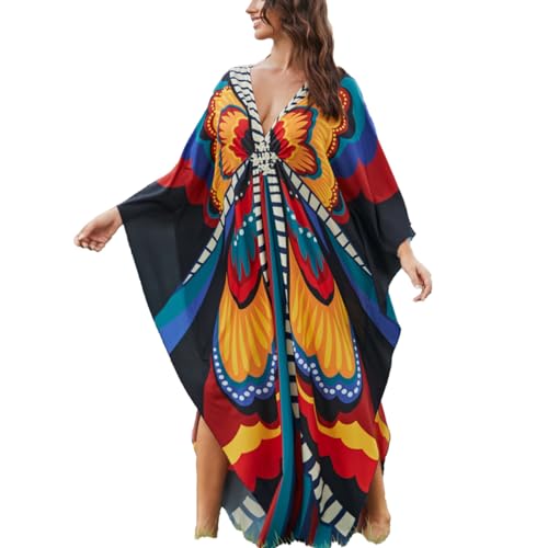 Image of sunforyou Kaftan Dresses for Women Plus Size Lightweight Swimsuit Cover up Batwing Sleeve Print Loungewear Beach Robe