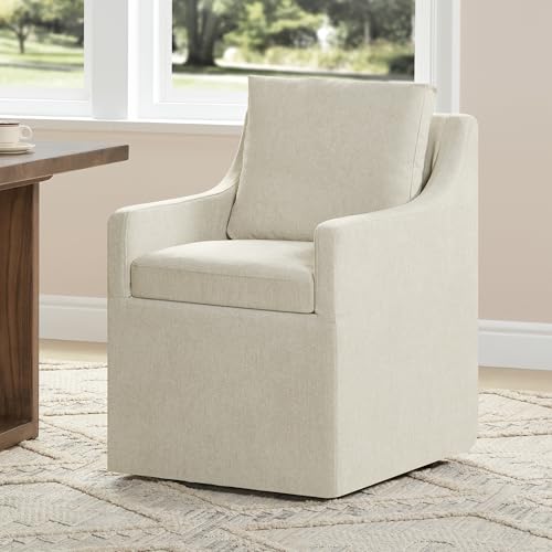 Image of KISLOT Upholstered Dining Chairs Set of 1 with Casters, Light Linen | Modern Rolling Dining Room Arm Chairs with Washable Cover, Hidden Storage Seat, Linen Look Fabric, Padded Kitchen Chairs