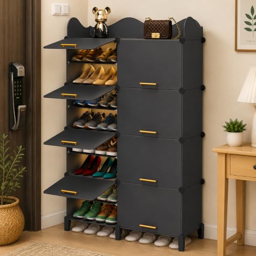 Image of Sunderlook Shoe Rack Plastic for Home- Shoe Stand, Chappal Stand, Professional Multipurpose Foldable Standing Comfort Runner Shoe Rack with Door, Slipper Stand (Charcoal Grey, 16 Shelf 8 Door)