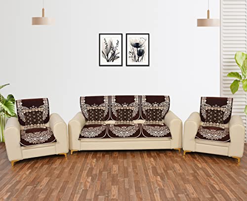 Image of 5 Seater Sofa Cover Set (3+1+1) with Full Set of Cushion Covers - Stretchable, Anti-Slip, Washable Fabric Couch Cover (Coffee Brown)