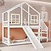 Aoskem Kinderbett Etagenbett 90x200, Hochbett Hausbett Holzbett mit Treppe & Rutsche, Bettgestell mit Rausfallschutz und Gitter, Bett mit 1x Lattenrost, Bettrahmen aus Massivholz, Ohne Matratze, Weiß