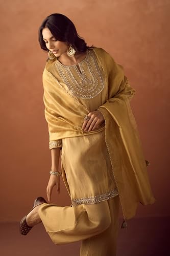 Image of FIORRA Women Mustard Yellow Tissue Blend Hand Embroidered Kurta Set with Dupatta