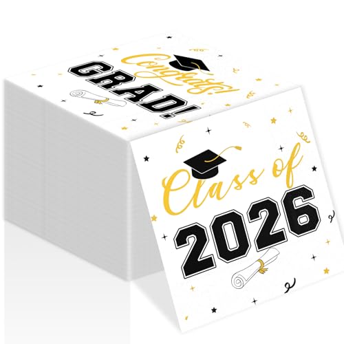 BAIVV Class of 2026 Graduation Napkins 3-Ply Disposable Congrats Grad Paper Napkins for Dinner and Cocktail Party Decorations School and College 6.5-Inch Square (100 Black)