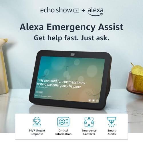 Echo Show 8 (newest model), Charcoal, bundle with Alexa Emergency...