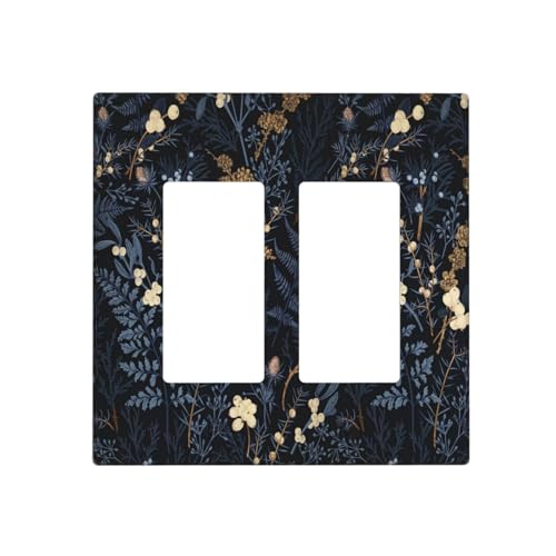 Decorative Outlet Covers Rustic Navy Dark Blue Leaves Golden Floral 2 Gang Light Switch Cover Plate Double Rocker Wall Plate Switch Plate Covers Faceplate for Bedroom Home Decor