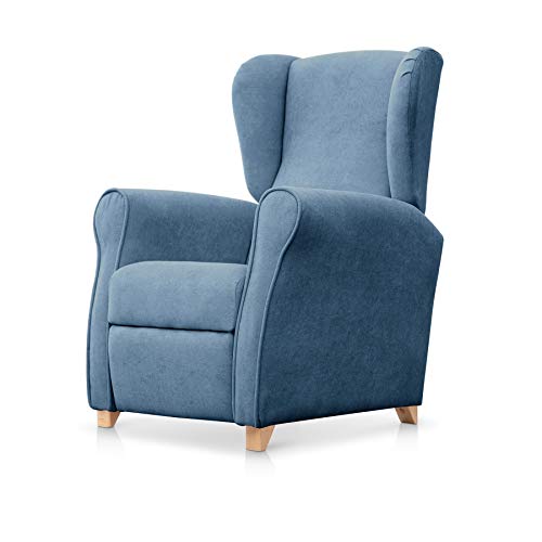SUENOSZZZ-ESPECIALISTAS DEL DESCANSO Sillón Relax orejero Irene reclinable con Patas de Madera, Relax nórdico tapizado en Tela Antimanchas Azul