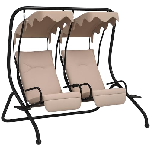 Outsunny Canopy Swing Chair Modern Garden Swing Seat Outdoor Relax Chairs w/ 2 Separate Chairs, Cushions and Removable Shade Canopy, Beige