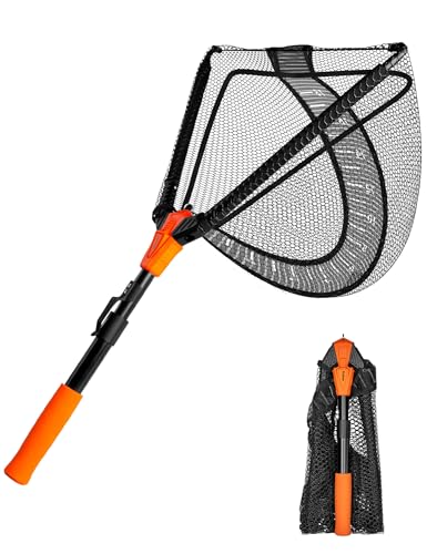 pullther Kescher Angeln Teleskop-Kescher 67-90cm Fischschonend Gummiert Klappbarer Korrosionsbeständiger Aluminium Angelkescher Forellenangeln (Dreieck 90cm)
