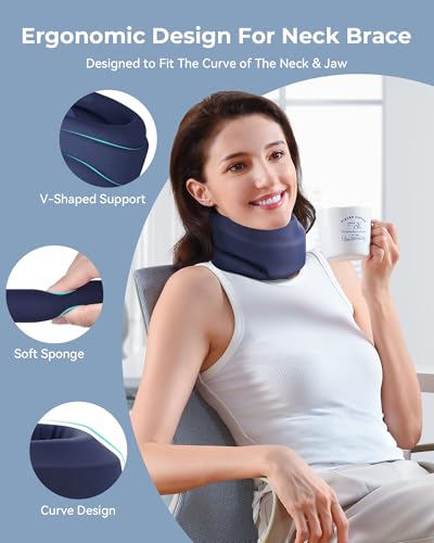 Image of Neck Brace Cervical Collar - Neck Support Brace for Sleeping, Soft Foam Wraps Keep Vertebrae Stable and Aligned for Relief of Cervical Spine Pressure Dark Blue (15.8-18.1 Inch)
