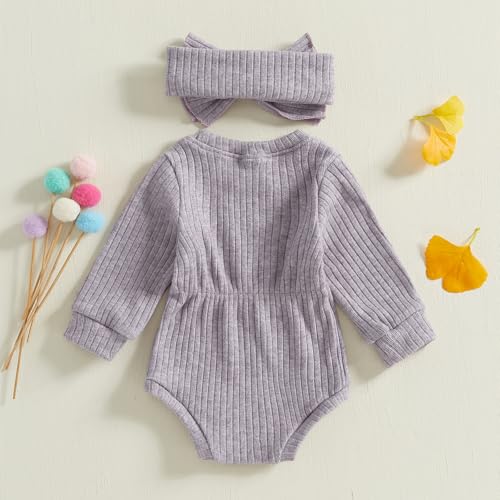 Infant Baby Girl Fall Outfit Clothes Long Sleeve Knit Romper Jumpsuit with Headband Newborn Coming Home Clothing2