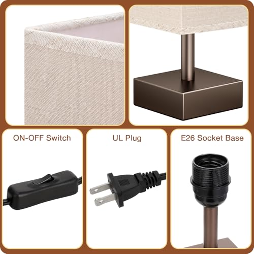 Image of aooshine Browm Small Bedside Lamp for Bedroom - Square Beige Fabric Shade