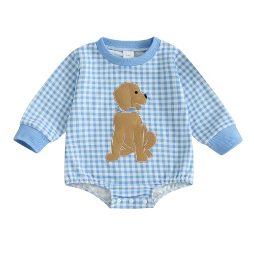 Rourufy Baby Boy Fall Clothes Infant Dog Embroidery Bubble Romper Sweatshirt Newborn Long Sleeve Onesie Winter Outfit (A Dog Plaid Blue 0-3 Months)