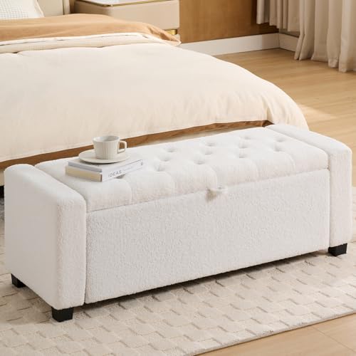 2BYF Storage Ottoman Bench, Bench for Bedroom End of Bed, Ottoman with Storage for Living Room and Entryway (Teddy White)