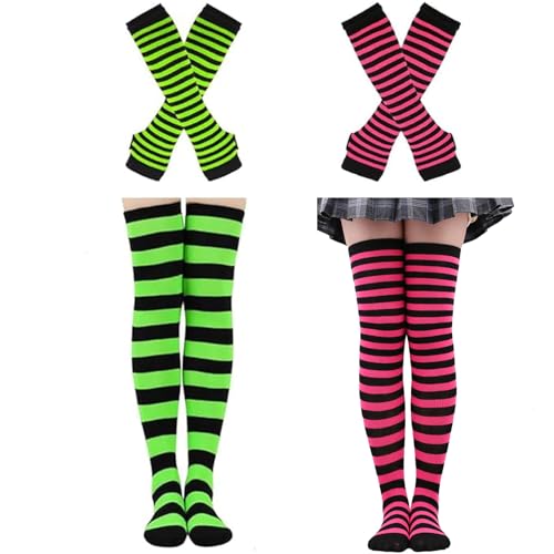 2/4 Sets Womens Striped Knee High Socks Long Knit Arm Warmers Fingerless Gloves Set for Halloween Costume (2-neon Green/Hot Pink)
