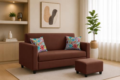 Image of Rosebell 2 Seater Sofa with Ottoman | Living Room Couch | with Printed Cushions | Sofa for Home, Apartment & Office-Brown Color