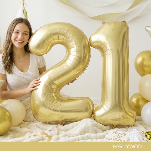 Image of PartyWoo Gold Number 21 Balloon 40 Inch 33pcs Metallic Gold Foil Star White