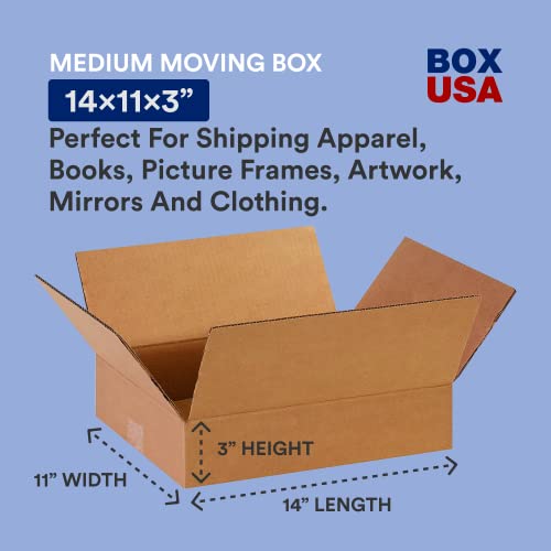 Image of BOX USA Shipping Boxes 14 inchL x 11 inchW x 3 inchH 25-Pack Flat Corrugated Cardboard Box for Packing, Moving and Storage