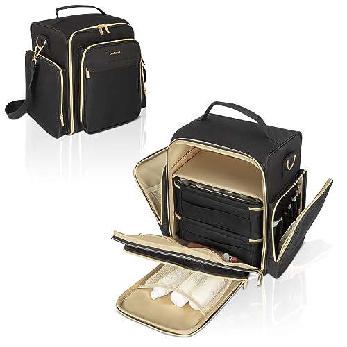 Nail Polish Organizer, Holds 48 Bottles (15ml – 0.5 fl.oz) & LED Lamp Compartment, Luxury Nail Polish Storage Case with 2 Removable Pouches, 5 Zippered Nail Care Pockets for Tools and Accessories, Clear,Gold